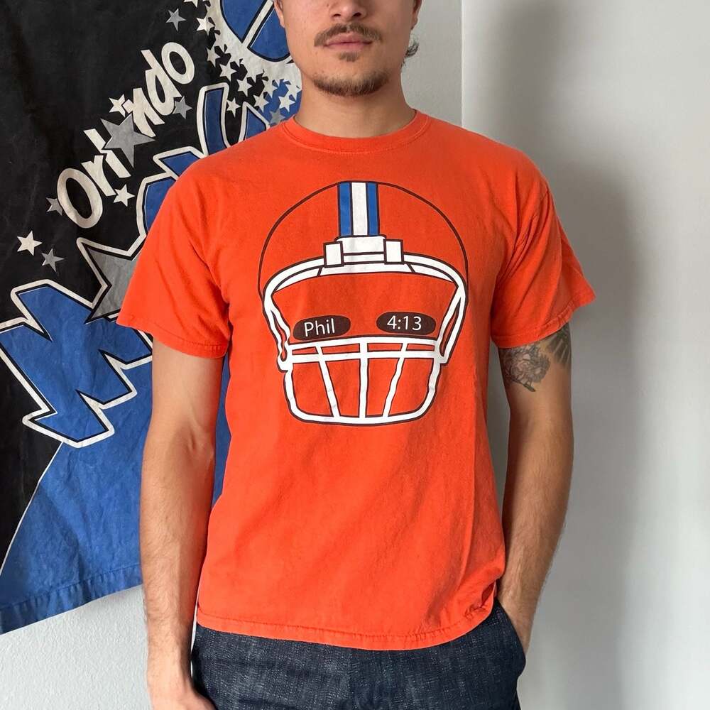 Philippians 4:13 Football Helmet Graphic T-Shirt Orange Gildan Ultra Cotton Men’